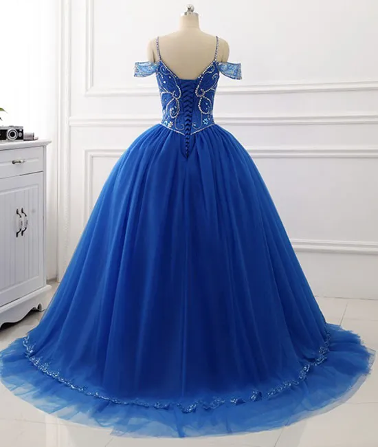 Blue sweetheart beads sequin long prom gown, blue evening dress