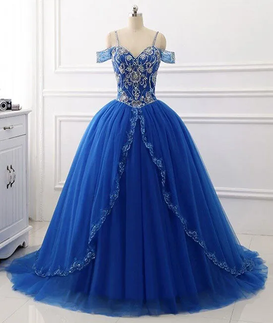 Blue sweetheart beads sequin long prom gown, blue evening dress