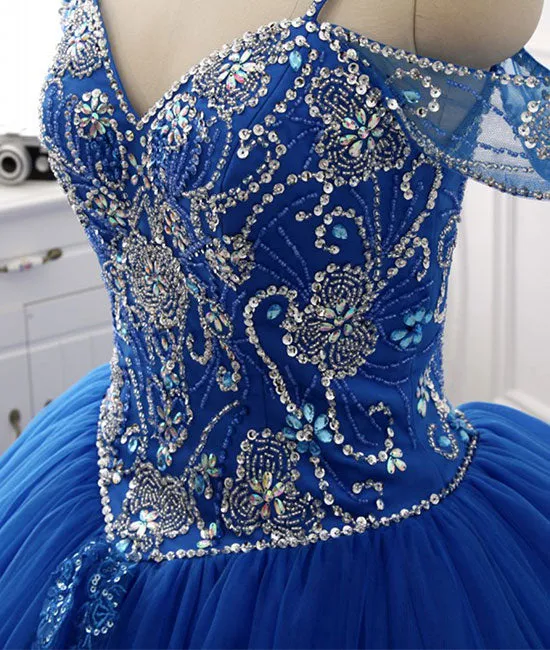 Blue sweetheart beads sequin long prom gown, blue evening dress