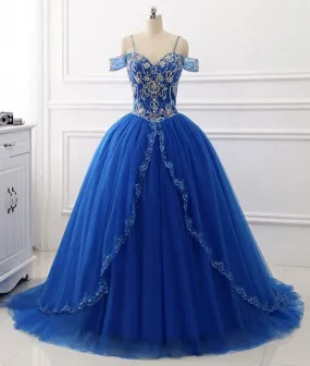 Blue sweetheart beads sequin long prom gown, blue evening dress