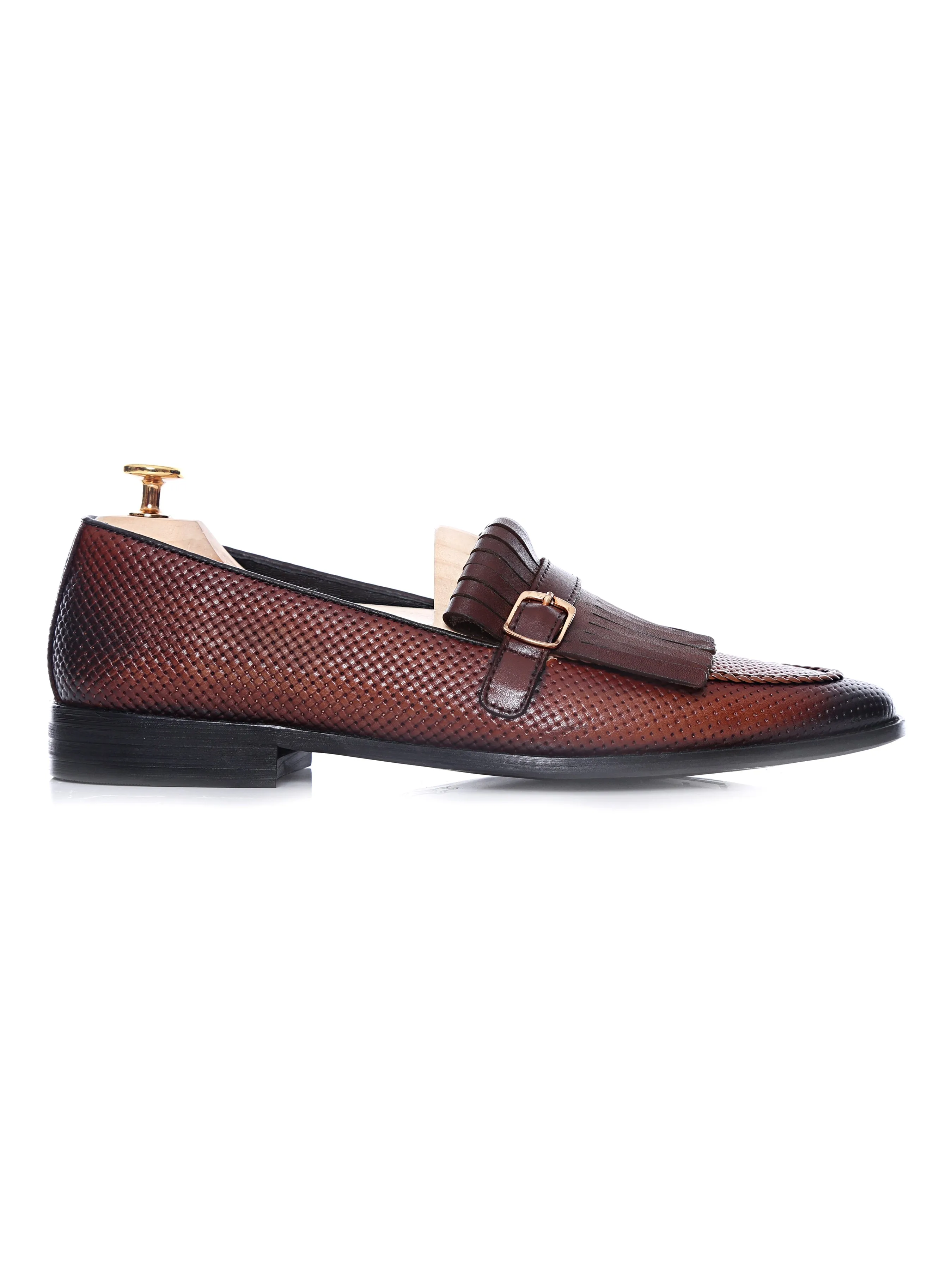 Fringe Kiltie Loafer - Cognac Tan Woven Leather with Side Buckle (Hand Painted Patina)