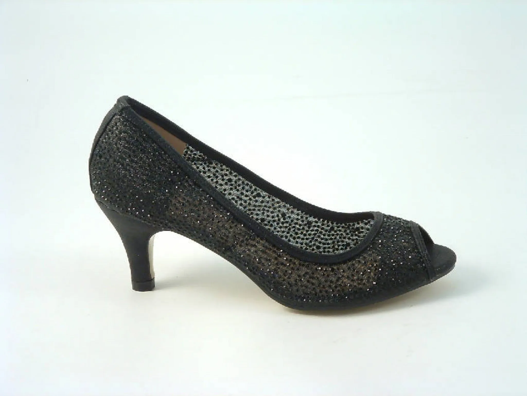 Glitz Shoes Diamante Mesh Peep Toe Court Shoe Low Mid Heel