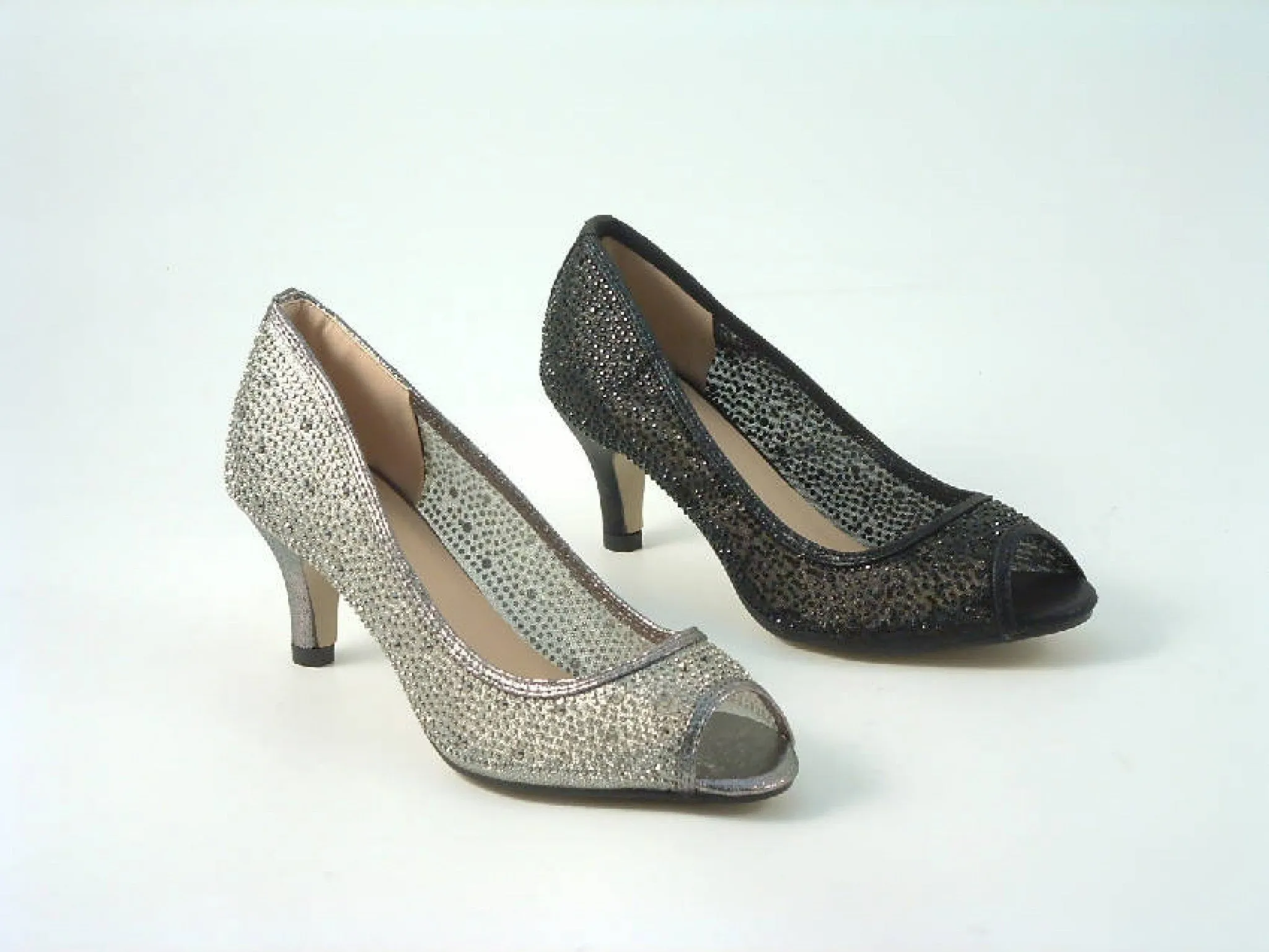 Glitz Shoes Diamante Mesh Peep Toe Court Shoe Low Mid Heel