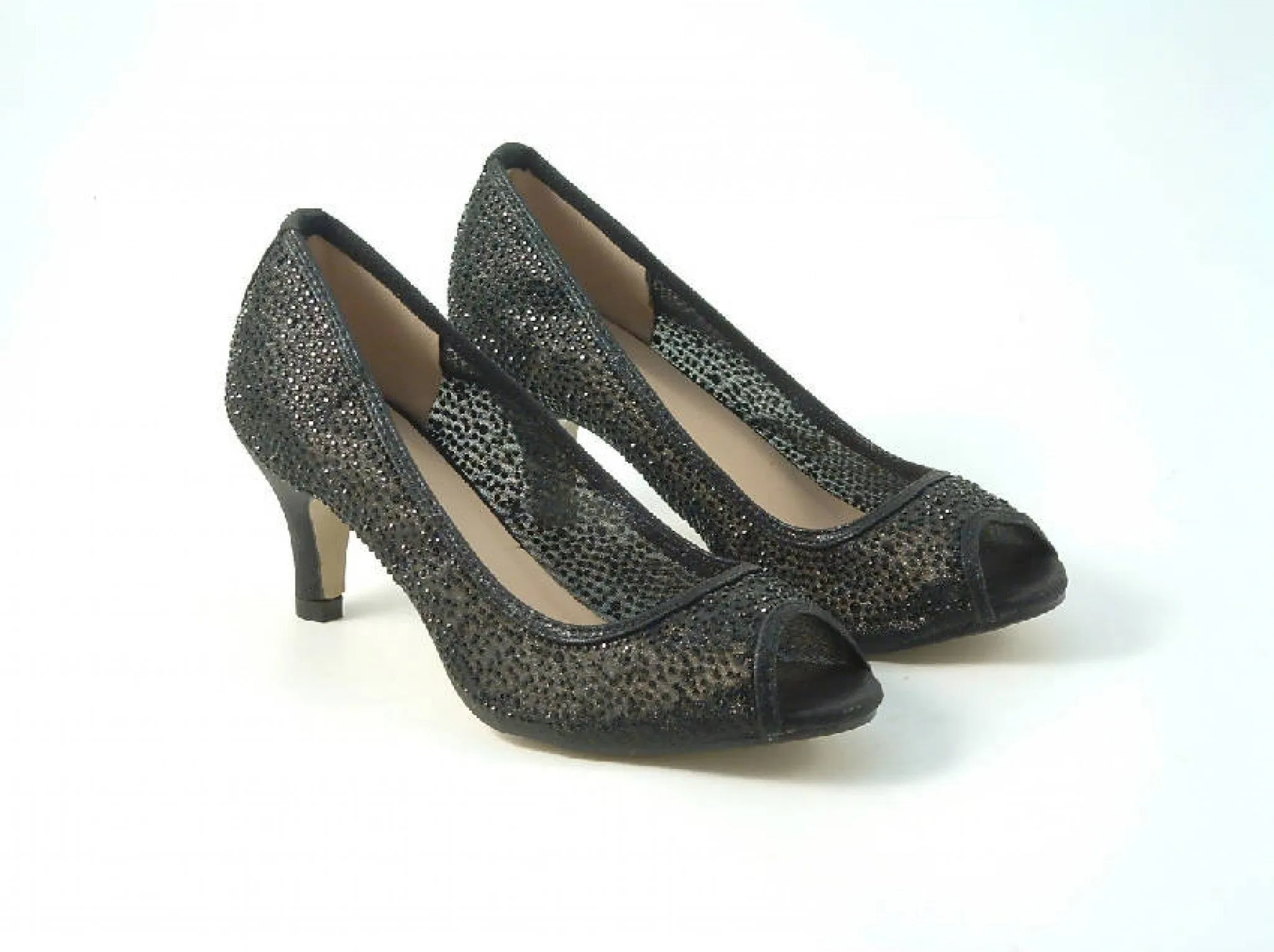 Glitz Shoes Diamante Mesh Peep Toe Court Shoe Low Mid Heel