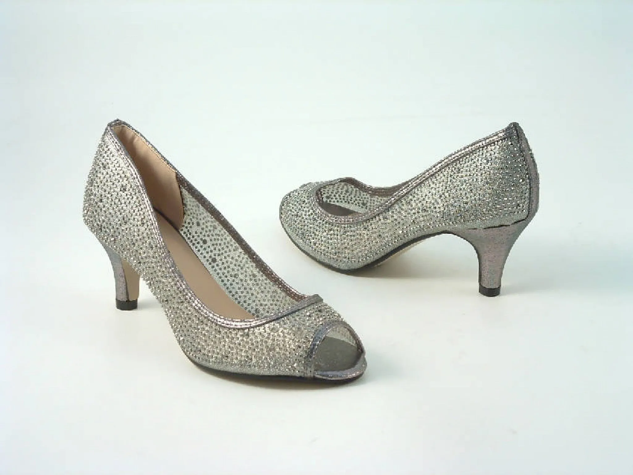 Glitz Shoes Diamante Mesh Peep Toe Court Shoe Low Mid Heel