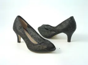 Glitz Shoes Diamante Mesh Peep Toe Court Shoe Low Mid Heel