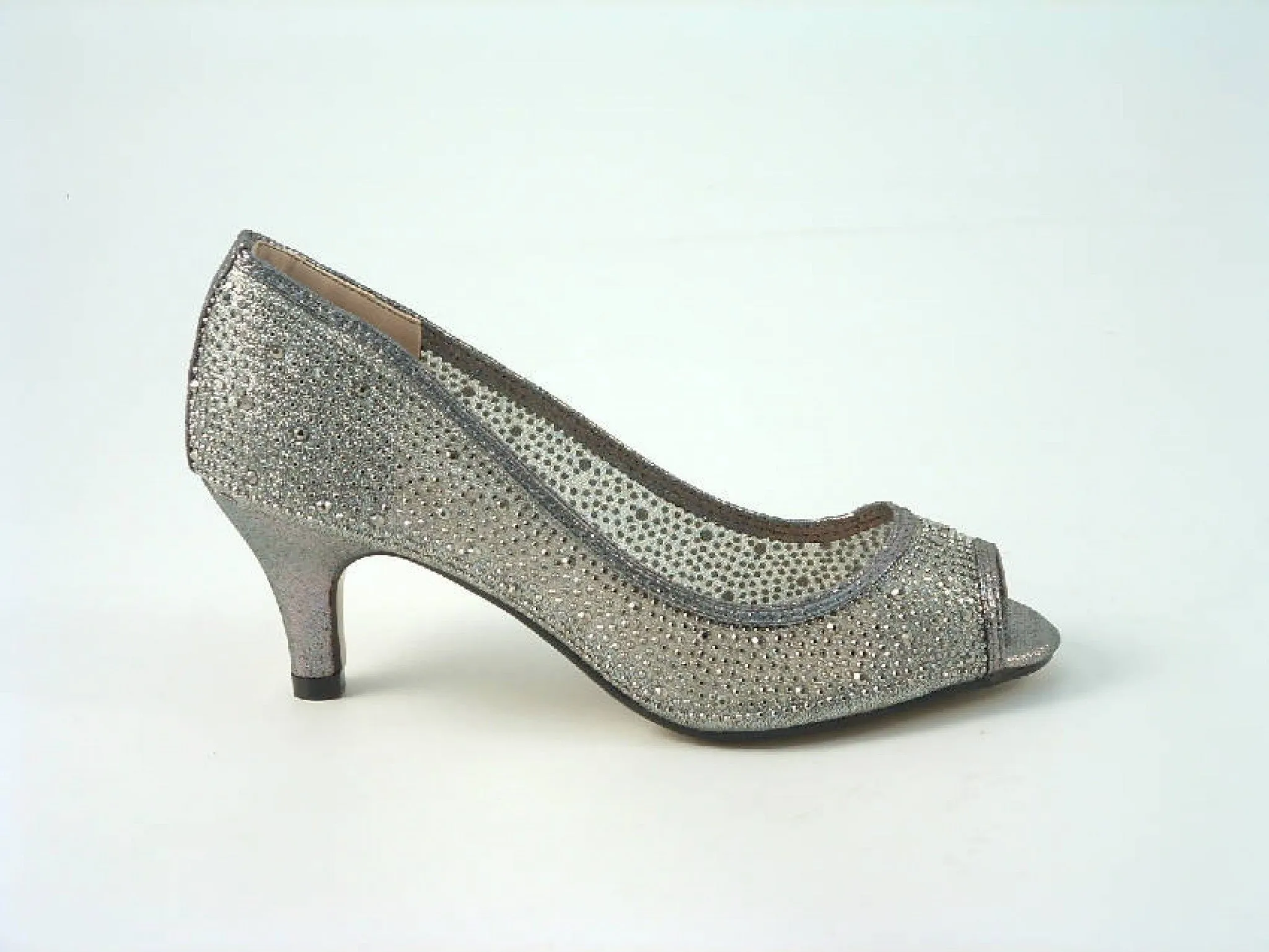 Glitz Shoes Diamante Mesh Peep Toe Court Shoe Low Mid Heel