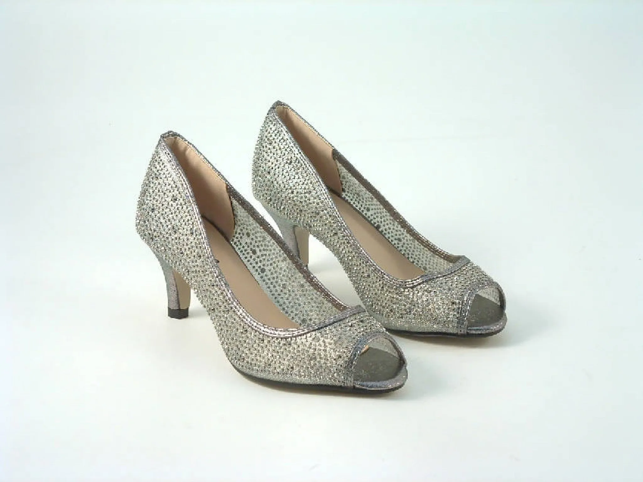 Glitz Shoes Diamante Mesh Peep Toe Court Shoe Low Mid Heel