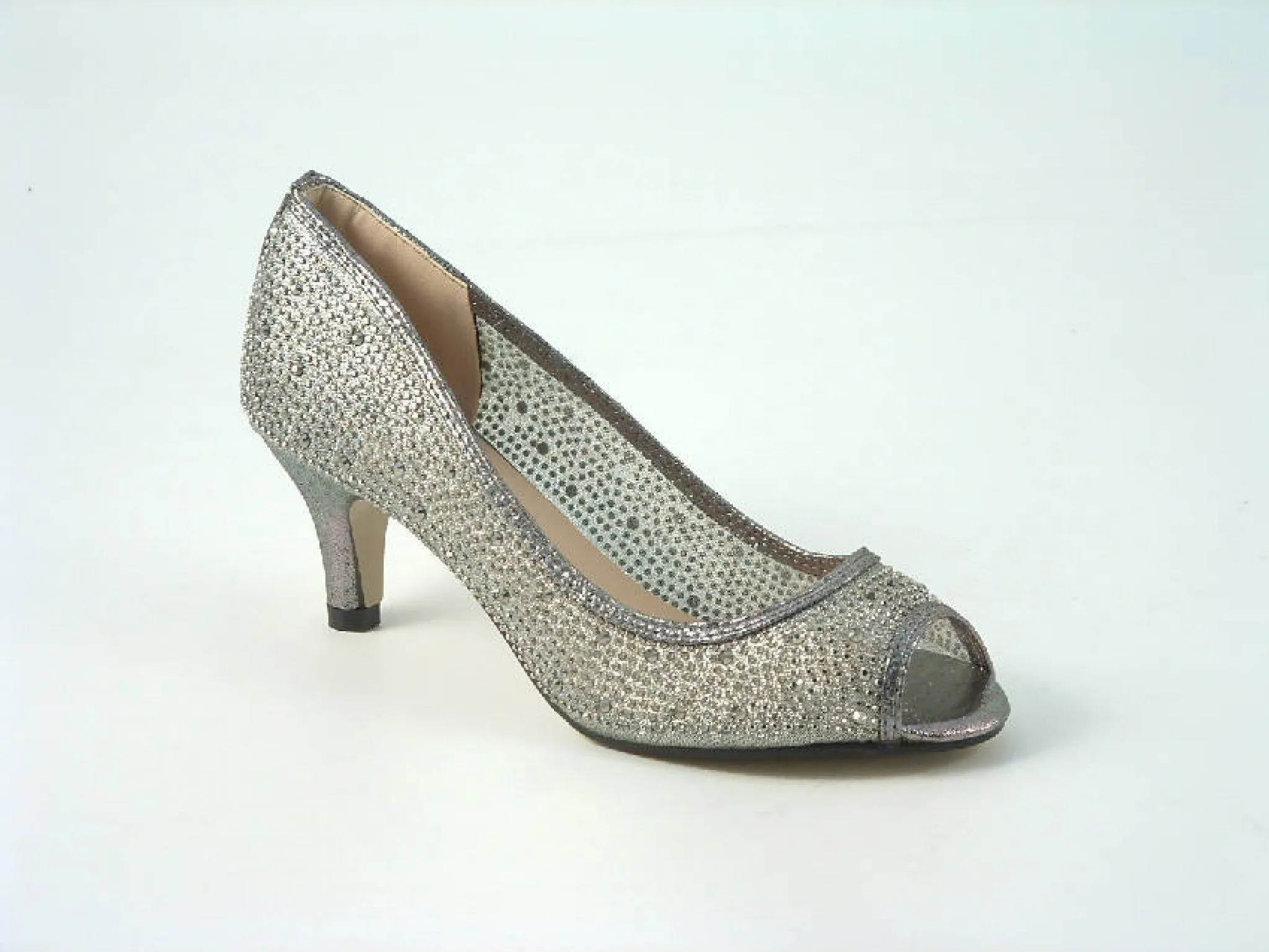 Glitz Shoes Diamante Mesh Peep Toe Court Shoe Low Mid Heel