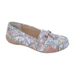 Ladies Leather Slip on White Multi Shoes Rio Flat Jo & Joe