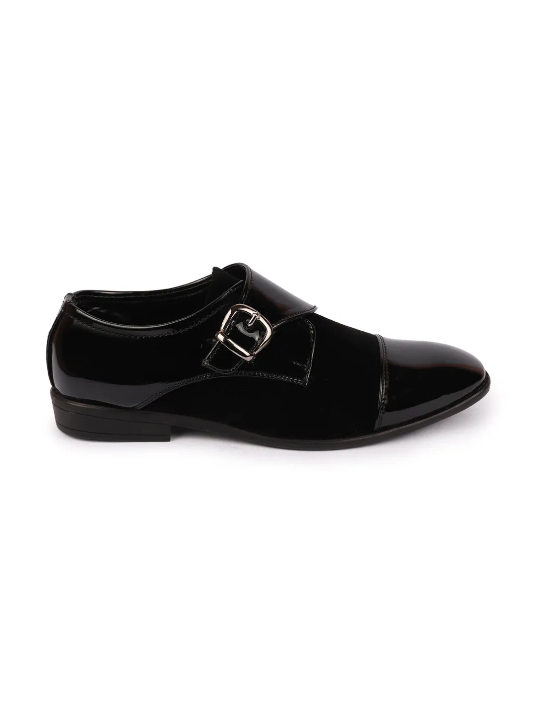 Men Black Patent Leather Velvet Single Strap Monk Formal Slip On Shoes