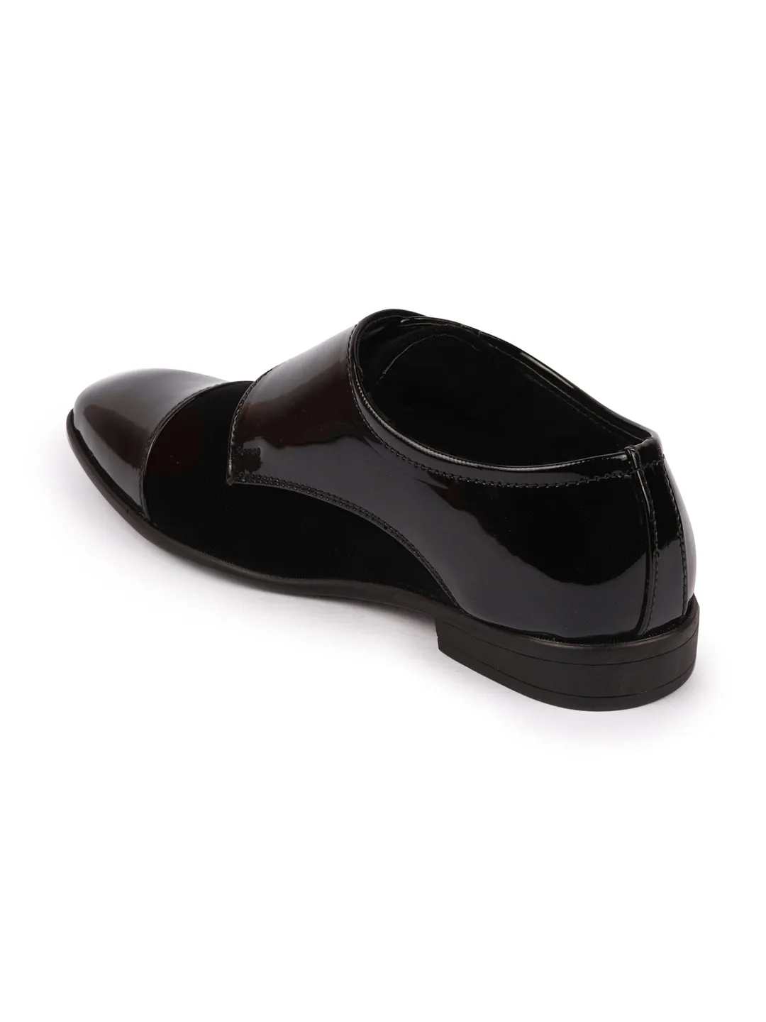 Men Black Patent Leather Velvet Single Strap Monk Formal Slip On Shoes