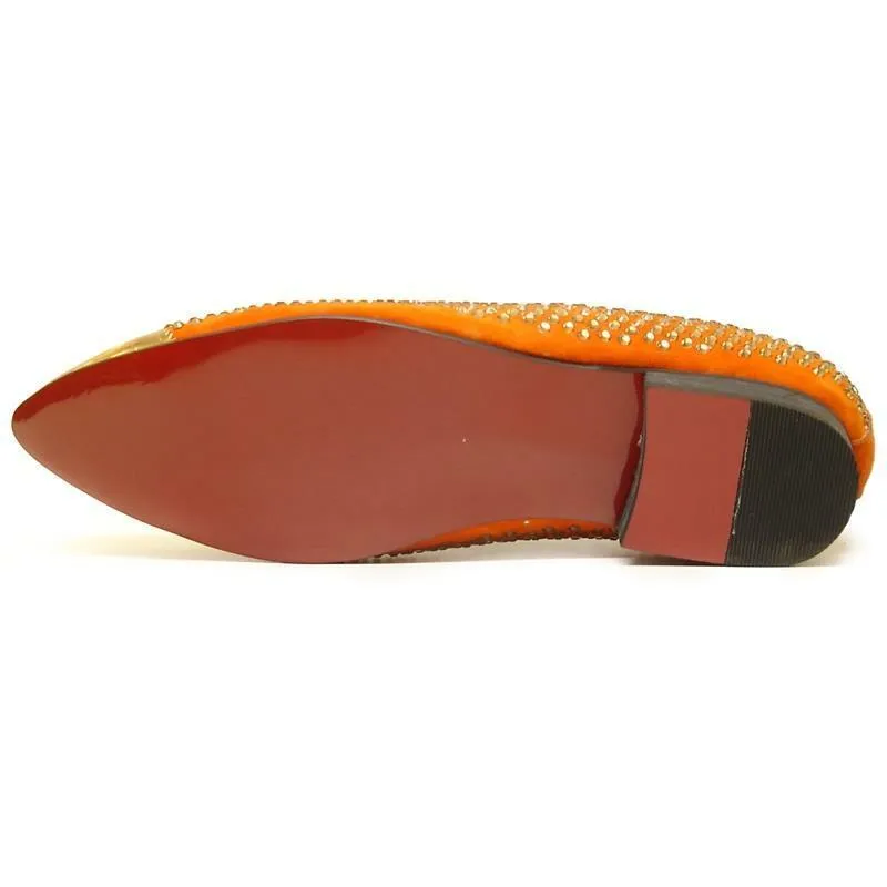 Men's Fiesso Orange Suede with Gold Crystals Metal Tip Slip On Shoes FI 6968