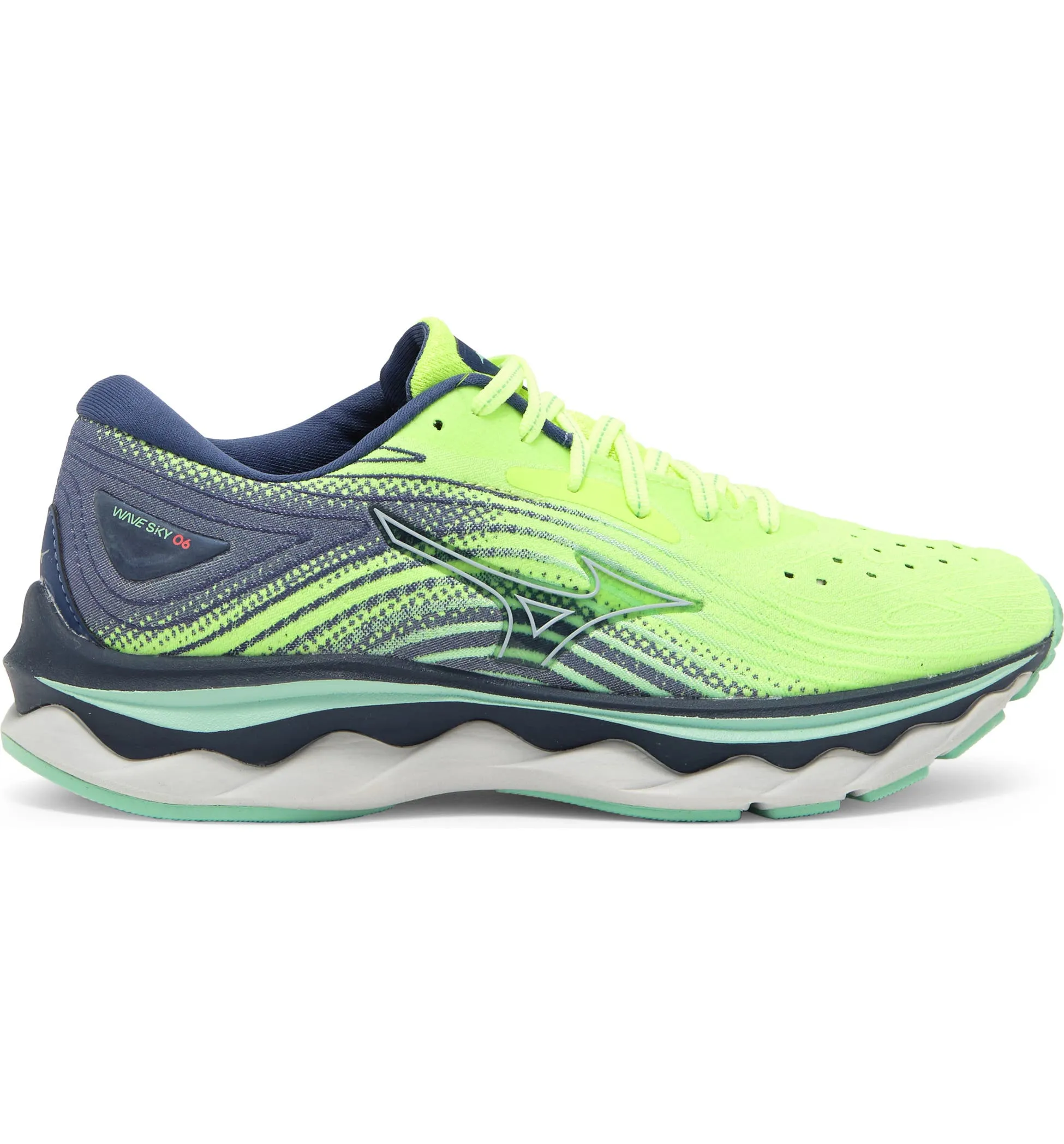 Women's Mizuno Wave Sky 6, Neo Lime/Ancient Water, 11 B Medium